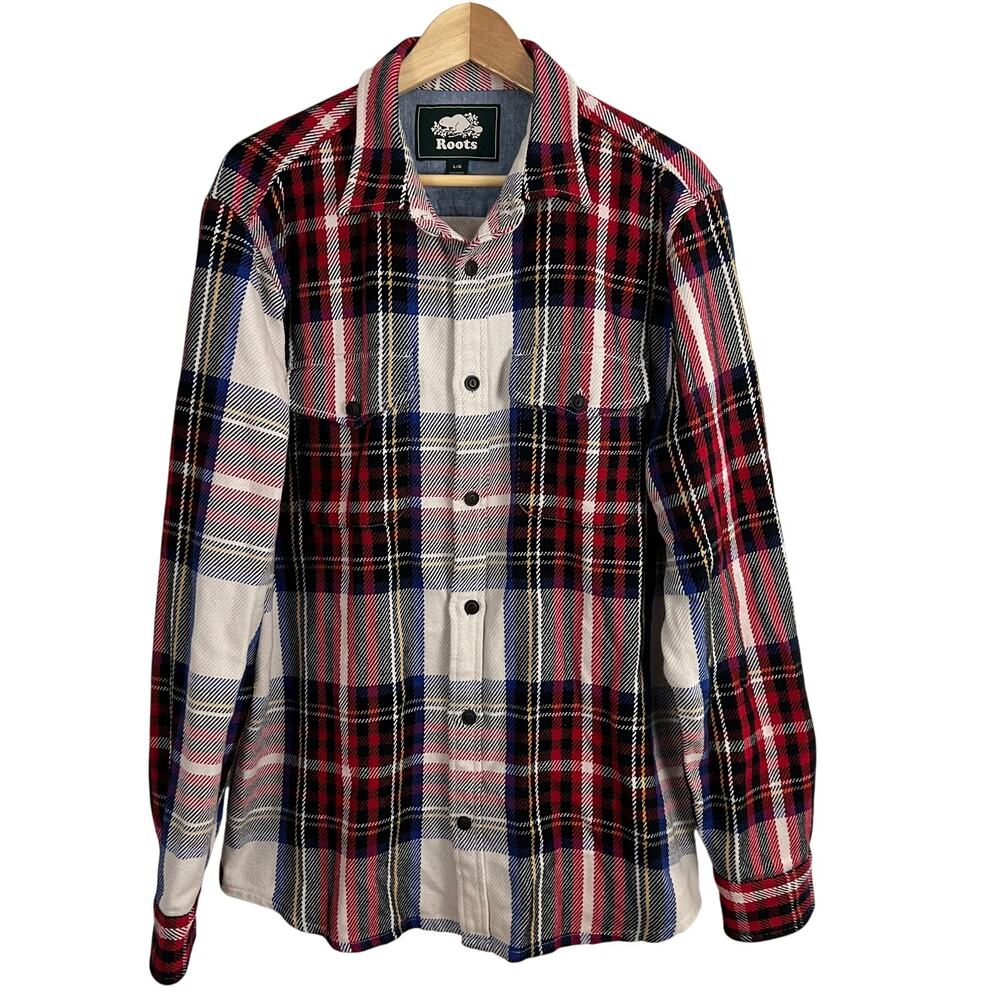 Roots Plaid Button Down‎ Shirt Jacket Shacket Men Size Large Red Plaid
